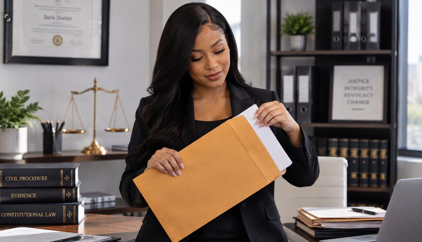 A woman smiling as she opens a large envelope of papers