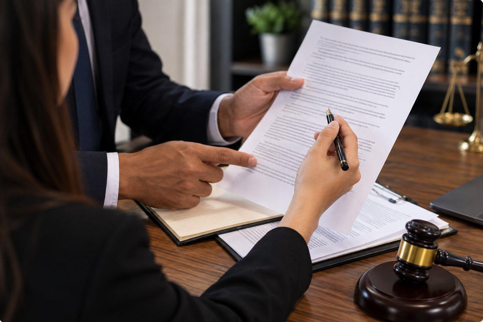 Two people reviewing a printed document together at a desk